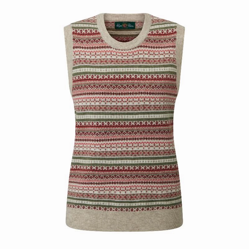 Alan Paine Mae Fairisle Ladies Cashmere Mix Tank Top - Porridge/Red Limited Time Sale