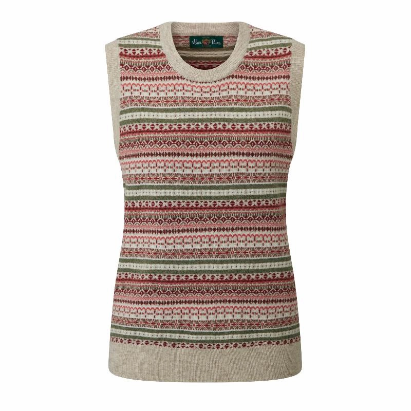 Alan Paine Mae Fairisle Ladies Cashmere Mix Tank Top - Porridge/Red Special Surprise Sale Hot Item Clearance