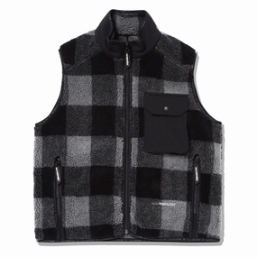 And Wander Womens Check Boa Vest Gray Big Price Drop