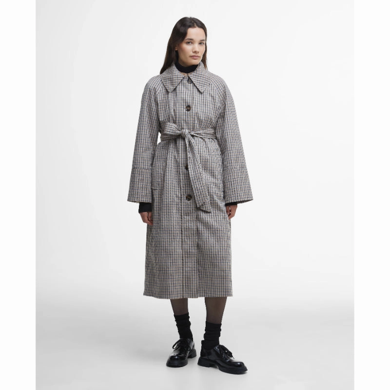 Barbour Beatrix Check Showerproof Ladies Trench Coat - Sky Micro Check Flash Deal Alert