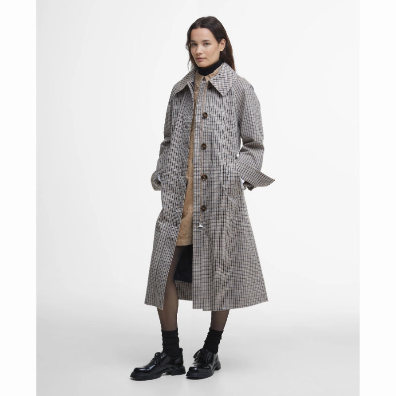 Barbour Beatrix Check Showerproof Ladies Trench Coat - Sky Micro Check Best Deal Today Price Drop Today