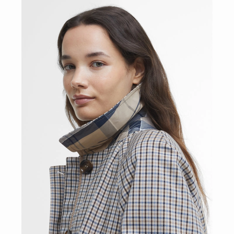 Barbour Beatrix Check Showerproof Ladies Trench Coat - Sky Micro Check Todays Trending Deals