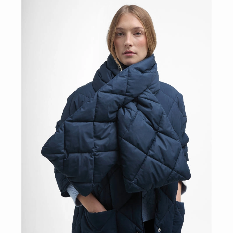 Barbour Brigitte Ladies Puffer Coat & Scarf - Navy/Sky Dress Tartan Price Drop Today