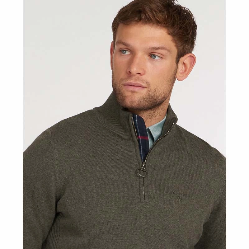Barbour Cotton Half Zip Mens Jumper - Olive Marl Online Exclusive Deal