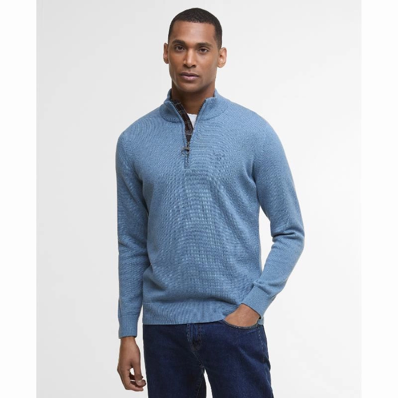 Todays Hot Pick Barbour Cotton Knitted Mens 1/4 Zip Jumper - Bluestone