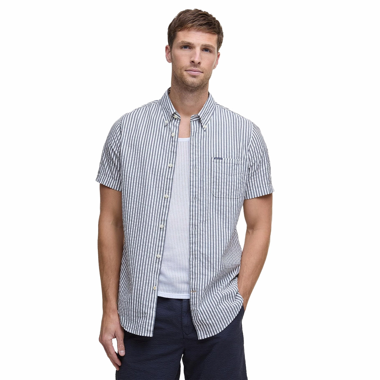 Barbour Cresswell Seersucker Summer Fit Shirt Navy Sale Ending Soon Clearance Alert Now