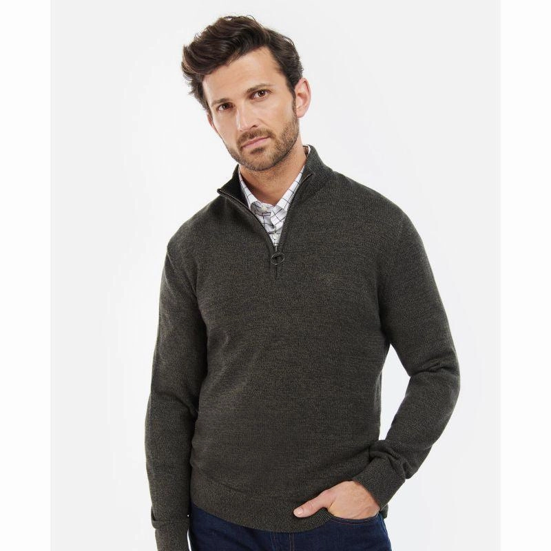 Barbour Firle Cotton Cashmere Mens 1/4 Zip Jumper - Olive Marl Todays Mega Savings