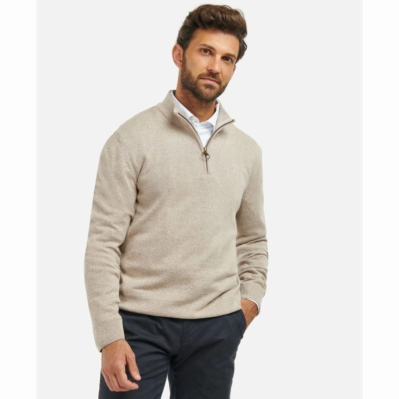 Todays Trending Deals Hot Pick Deal Barbour Firle Cotton Cashmere Mens 1/4 Zip Jumper - Stone Marl