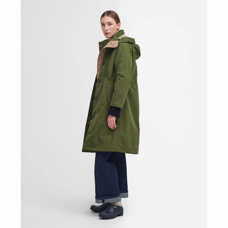 Barbour Iris Waterproof Ladies Jacket - Dark Moss/Light Sand/Pastel Pink Hot Deals Today