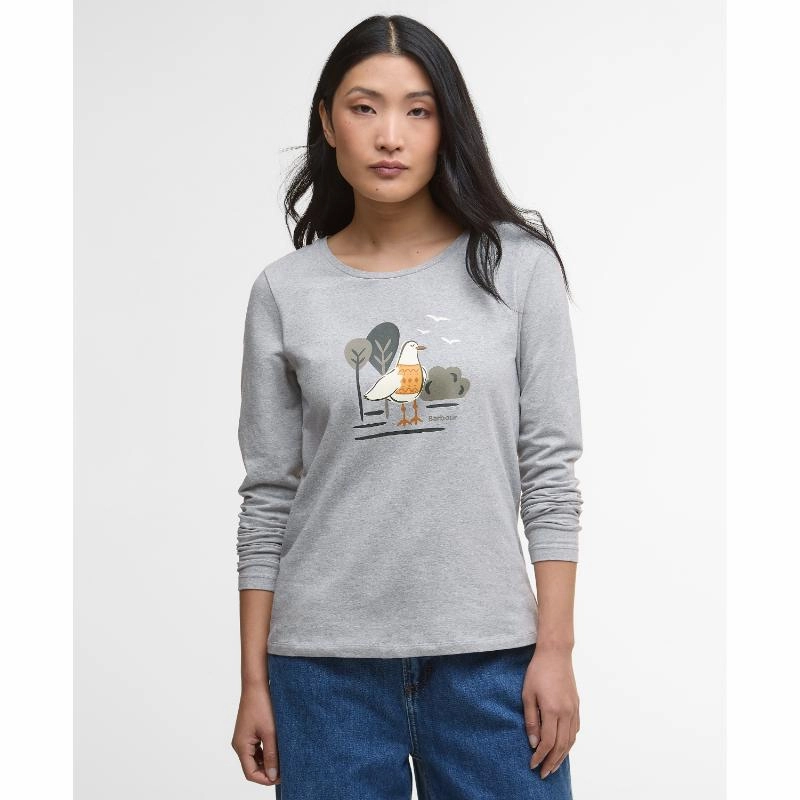 Clearance Sale Shop Smart Deals Barbour Lossie Long Sleeve Ladies T-Shirt - Light Grey Marl
