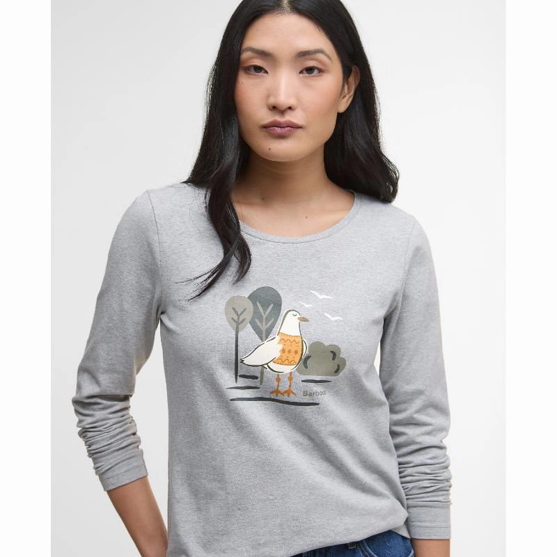Barbour Lossie Long Sleeve Ladies T-Shirt - Light Grey Marl Big Hot Sale