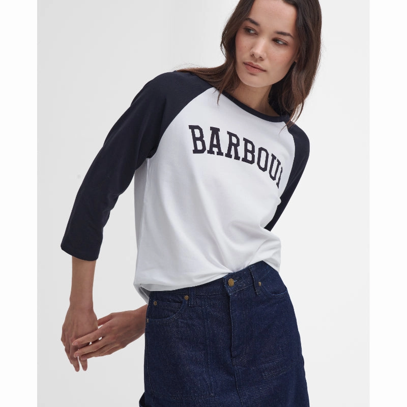 Barbour Northumberland Ladies Long Sleeve T-Shirt - White/Navy Price Slash Today