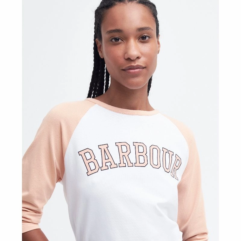 Barbour Northumberland Ladies Long Sleeve T-Shirt - White/Soft Apricot Shop Grab Offer