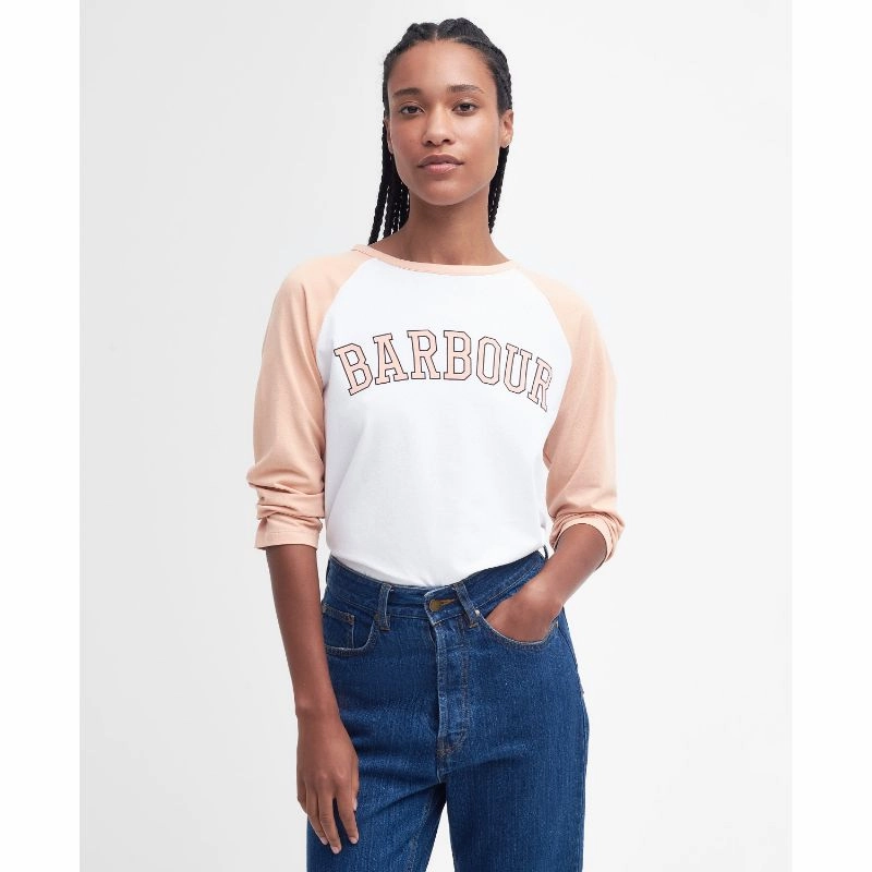 Barbour Northumberland Ladies Long Sleeve T-Shirt - White/Soft Apricot Special Surprise Sale