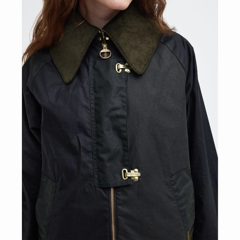 Clearance Alert Now Trending Deals Today Barbour Patch Drummond Spey Ladies Wax Jacket - Fern/Archive Olive