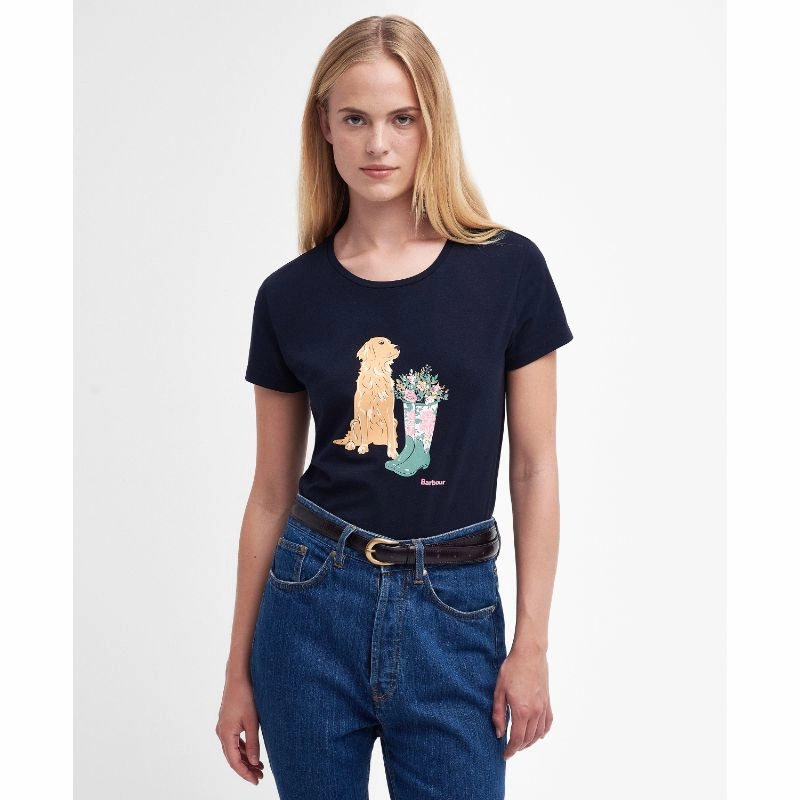 Barbour Rowen Ladies T-Shirt - Navy (Golden Retriever) Instant Savings Inside Exclusive Deal Inside