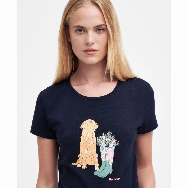 Todays Hot Pick Hot Offer Frenzy Barbour Rowen Ladies T-Shirt - Navy (Golden Retriever)