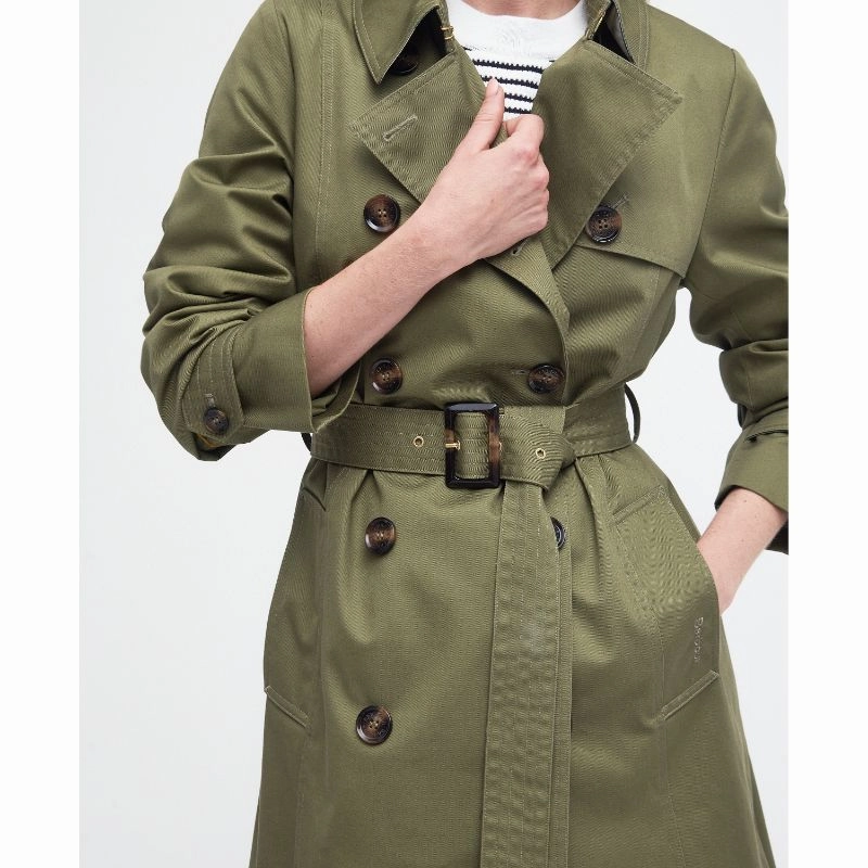 Barbour Short Greta Ladies Showerproof Trench - Burnt Olive/Ancient Poplar Exclusive Online Discount Instant Discount