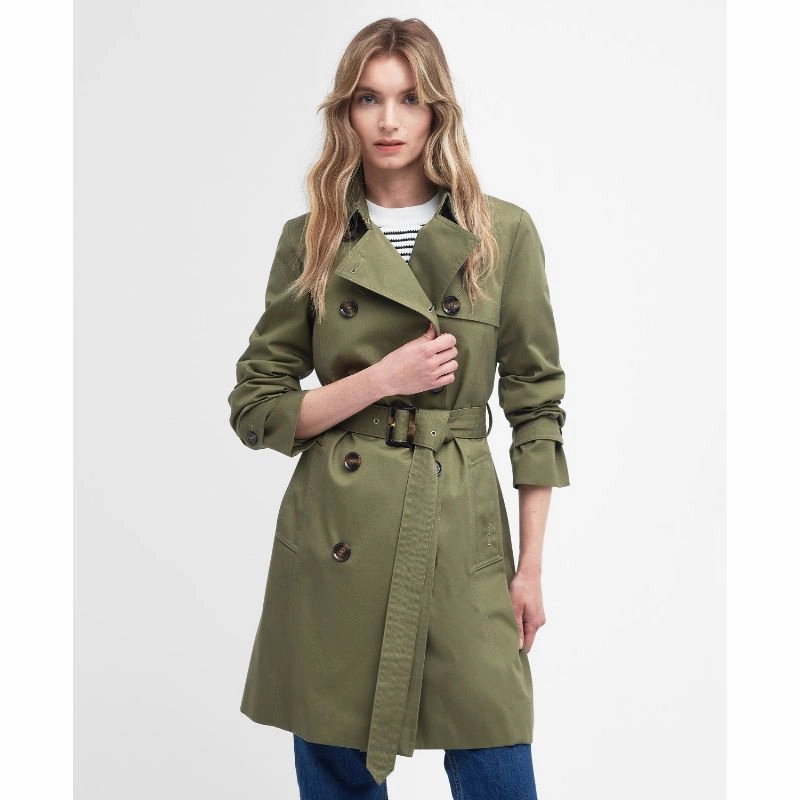 Barbour Short Greta Ladies Showerproof Trench - Burnt Olive/Ancient Poplar Grab It Fast