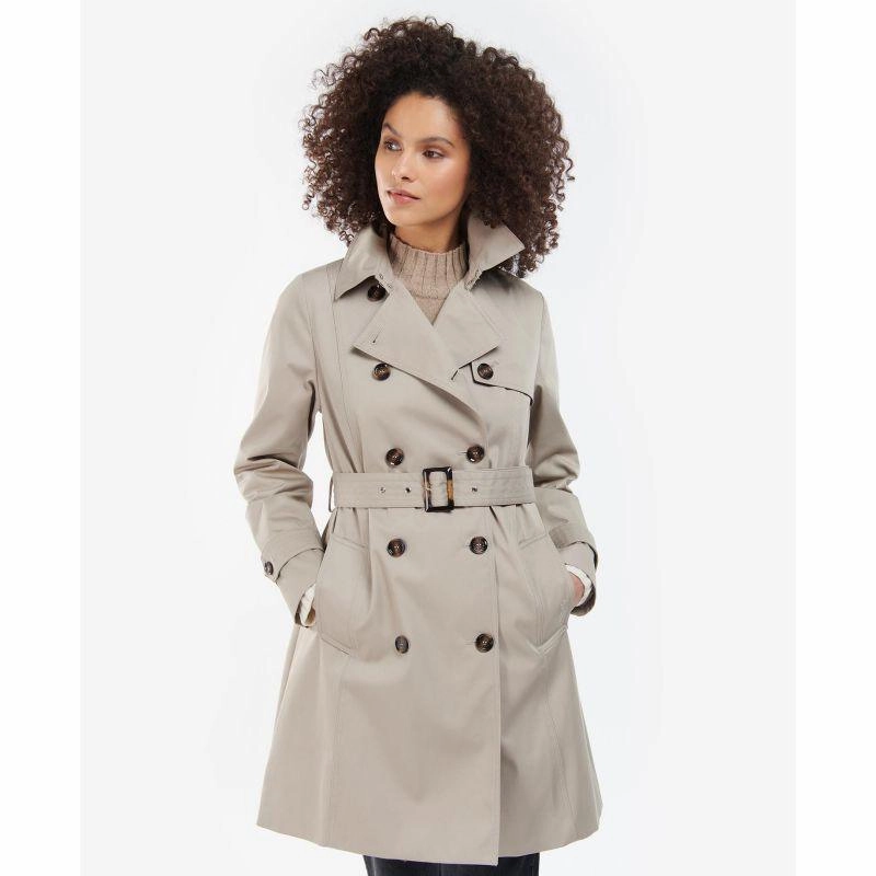 Barbour Short Greta Ladies Showerproof Trench - Earl Grey/Rosewood Tartan Shop Smart Save