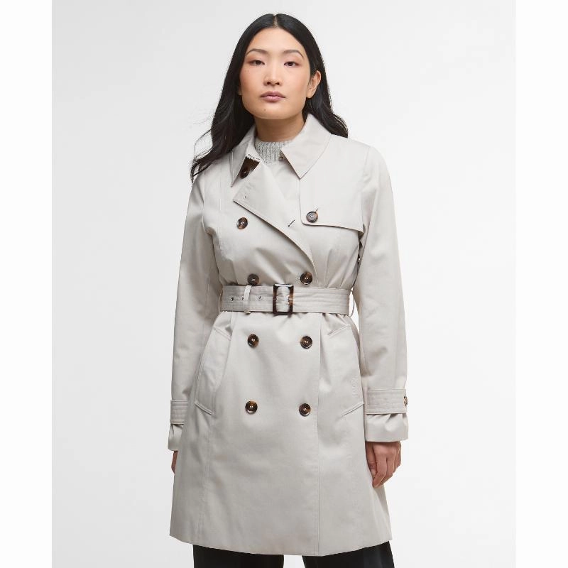 Barbour Short Greta Ladies Showerproof Trench - Mist/Hessian Tartan Online Exclusive Offer Special Price Today