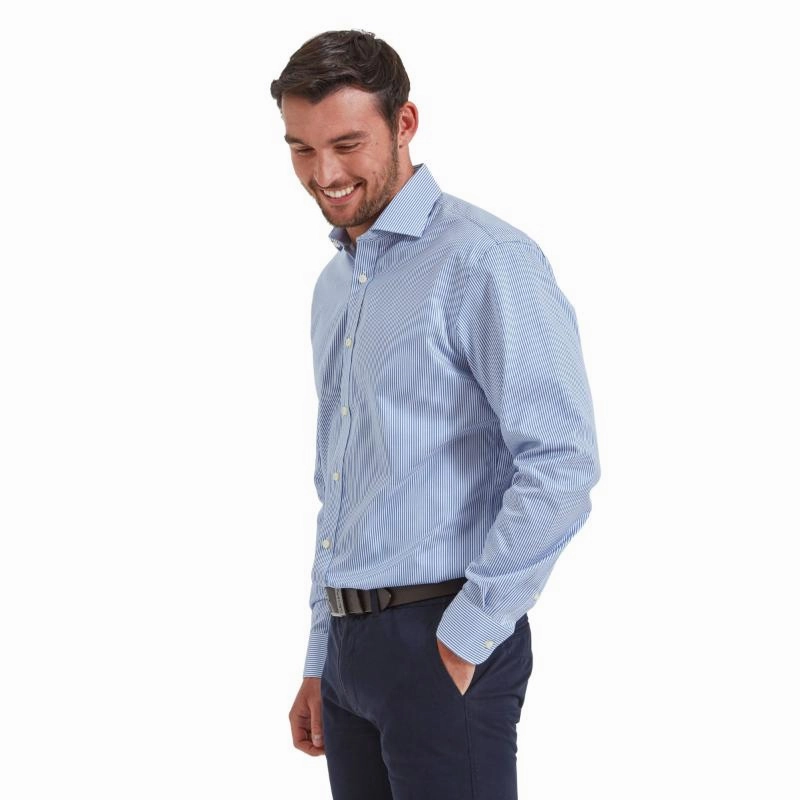 Big Clearance Event Schoffel Greenwich Double Cuff Tailored Fit Mens Shirt   - Navy Stripe