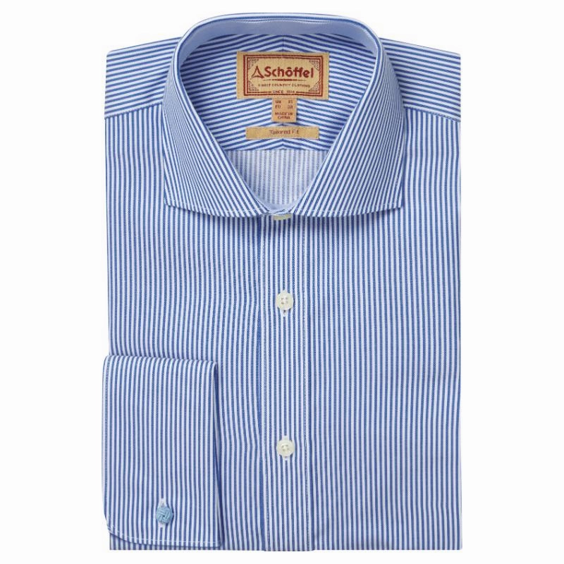 Shop the Best Deals Schoffel Greenwich Double Cuff Tailored Fit Mens Shirt   - Navy Stripe
