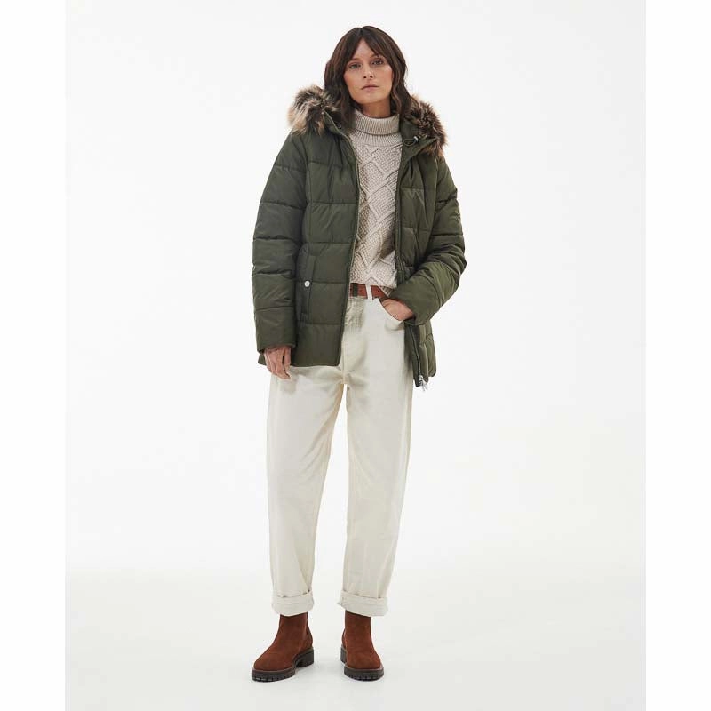 Exclusive Online Discount Best Price Today Barbour Midhurst Ladies Quilted Faux Fur Hood Jacket - Deep Olive