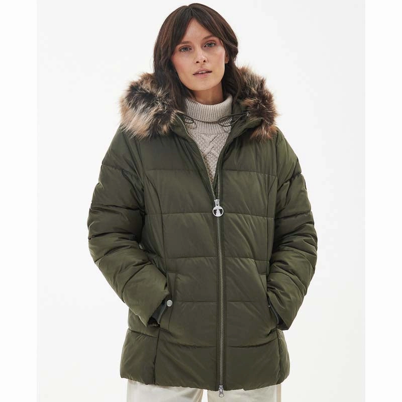Barbour Midhurst Ladies Quilted Faux Fur Hood Jacket - Deep Olive Best Deal Online