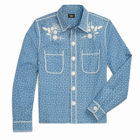 Shop Save Big Grab Your Savings Rrl By Ralph Lauren Womens Embroidered Indigo Floral-Print Shirt Blue / Cream