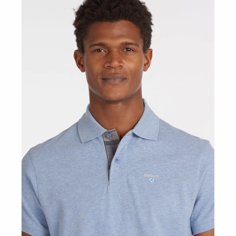 Barbour Tartan Pique Mens Polo Shirt - Sky Marl Special Price Today