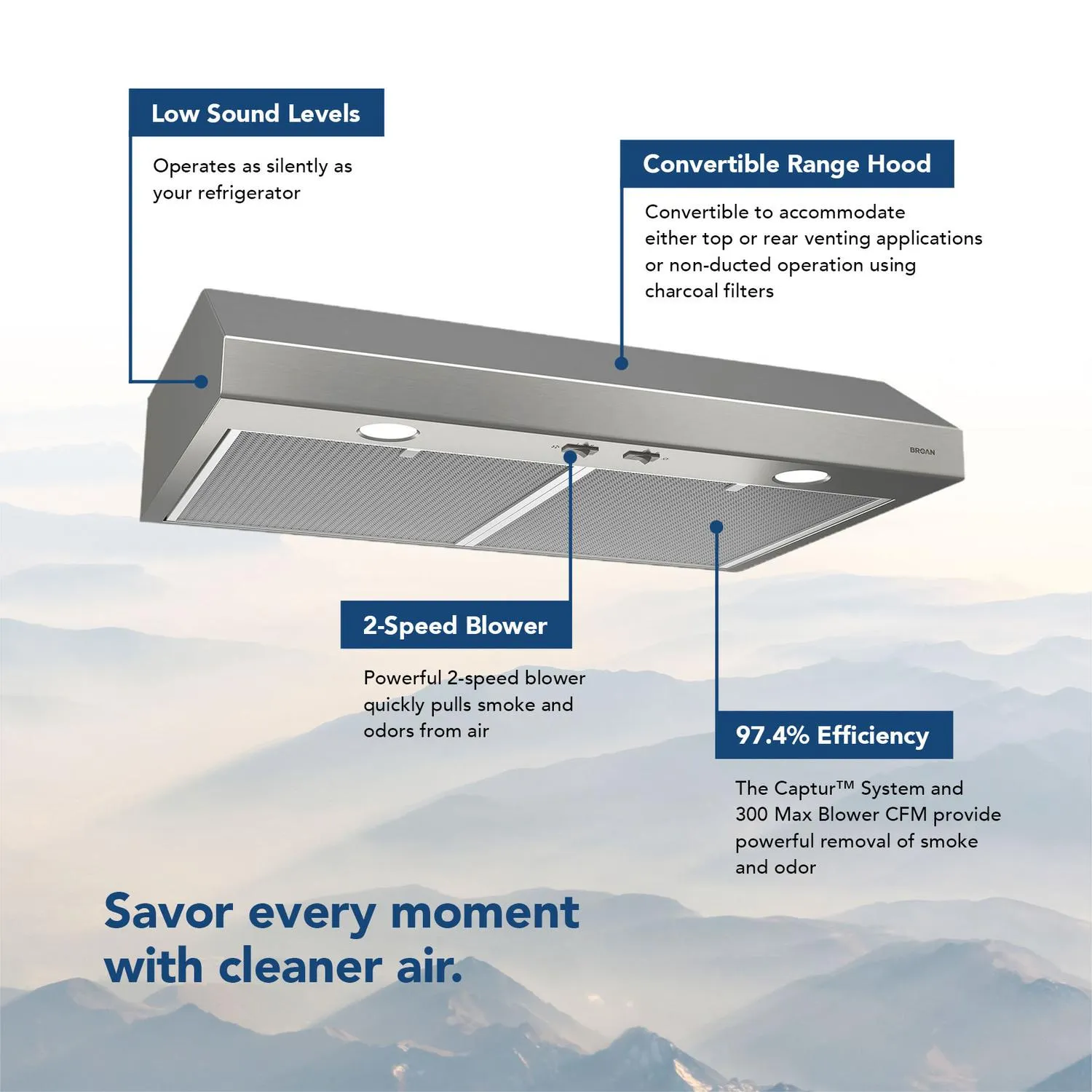 Broan BCSD142SS Glacier 42-Inch 300 Max Blower Cfm 5 Sones Stainless Steel Range Hood
