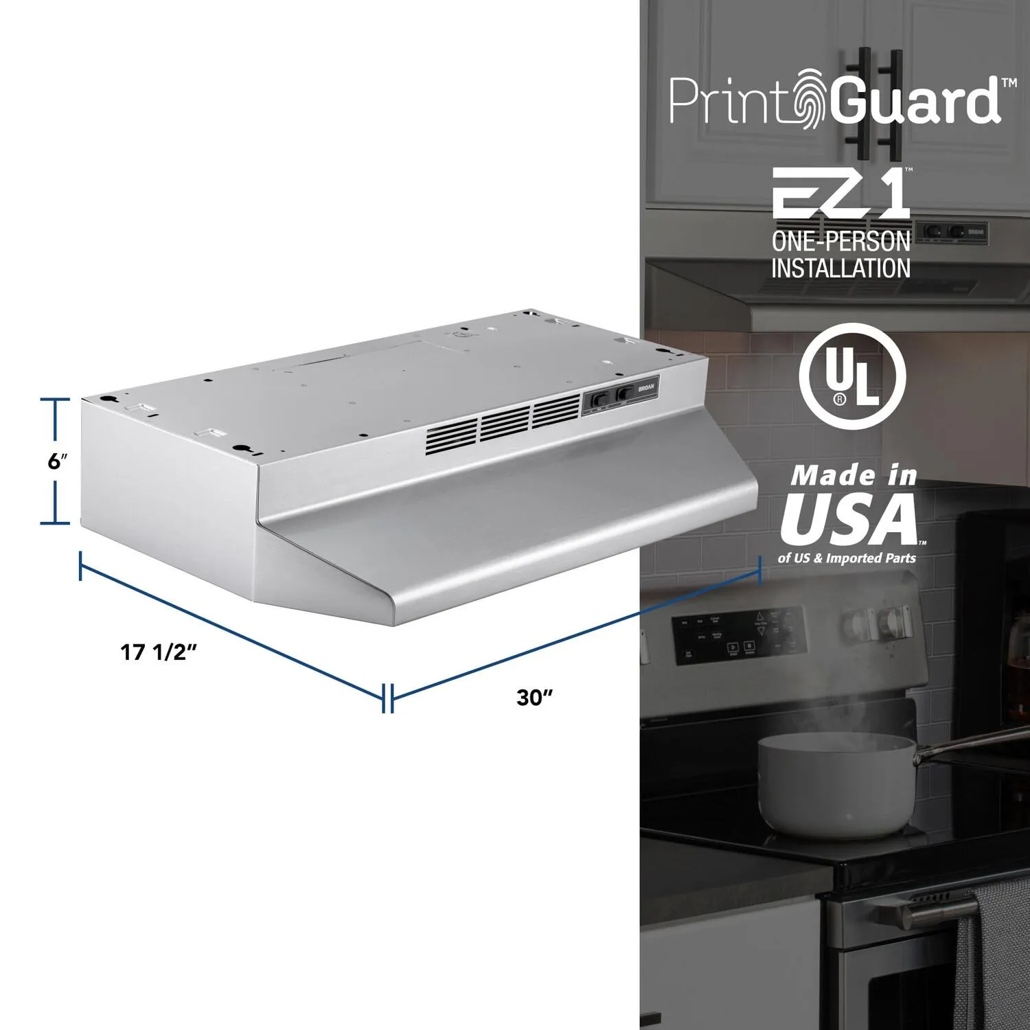 Broan BUEZ130SF Broan? 30-Inch Ductless Under-Cabinet Range Hood W/ Easy Install System, Stainless Finish