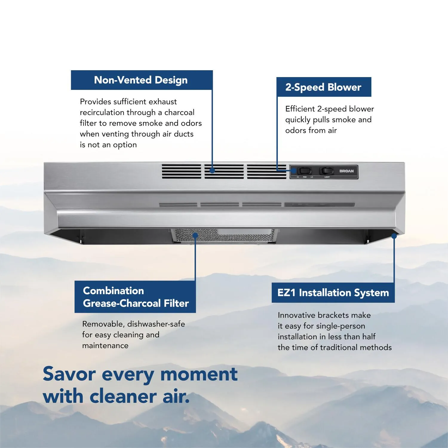 Broan BUEZ130SF Broan? 30-Inch Ductless Under-Cabinet Range Hood W/ Easy Install System, Stainless Finish