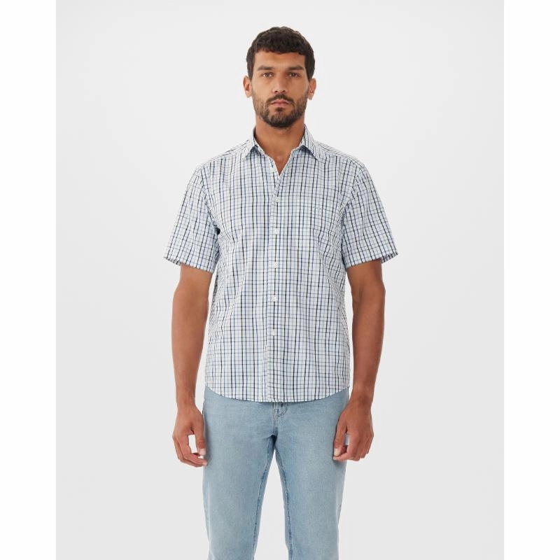 R.M.Williams Hervey Mens Short Sleeve Shirt - White/Navy/Blue MustHave Gift Ideas Grab It Now