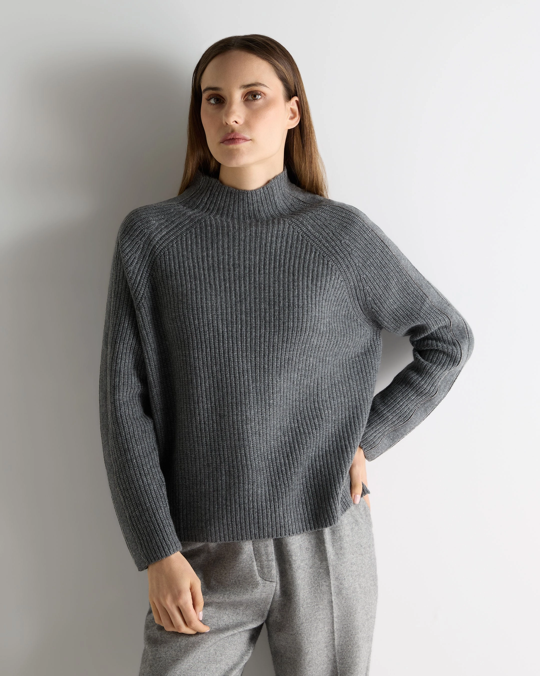 Limited Offer Alert Women'S Metal Funnel Neck Cashmere Jumper Elephant Grey