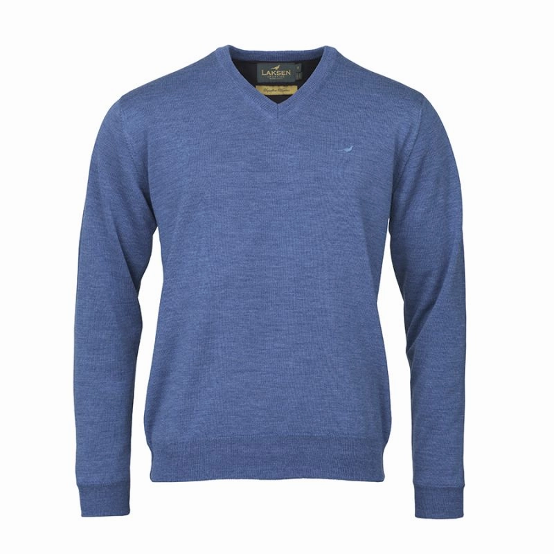 Laksen Grantham Windstopper V-Neck Merino Mens Jumper - Denim Unmissable Deal Today