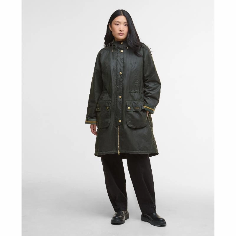 Barbour Marcy Ladies Wax Parka - Fern/Ancient Tartan Unmissable Deal Today Shop the Savings
