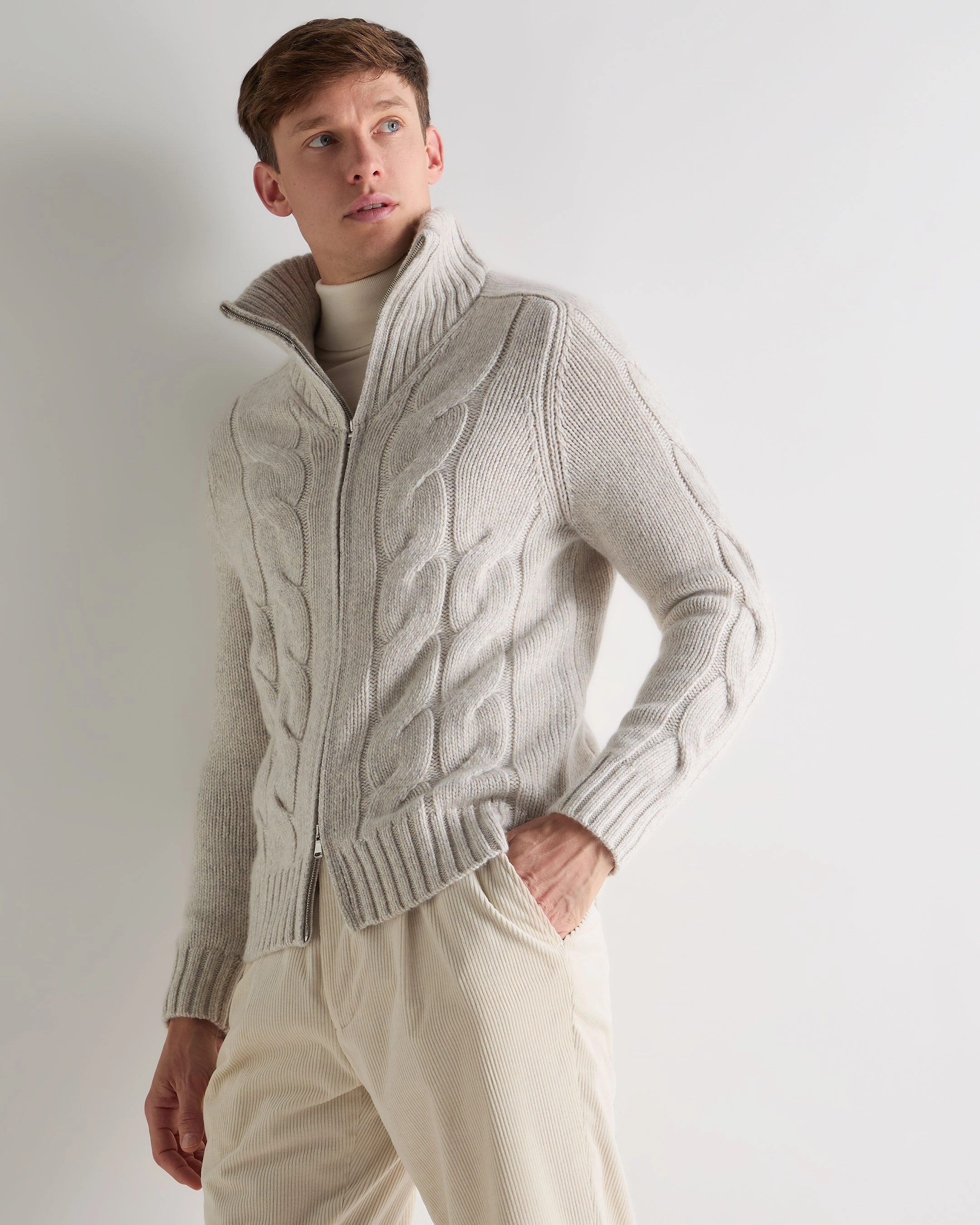 Men'S Chunky Cable Full Zip Cashmere Jumper Ash Grey Marl Daily Special Offer Dont Wait Save Today