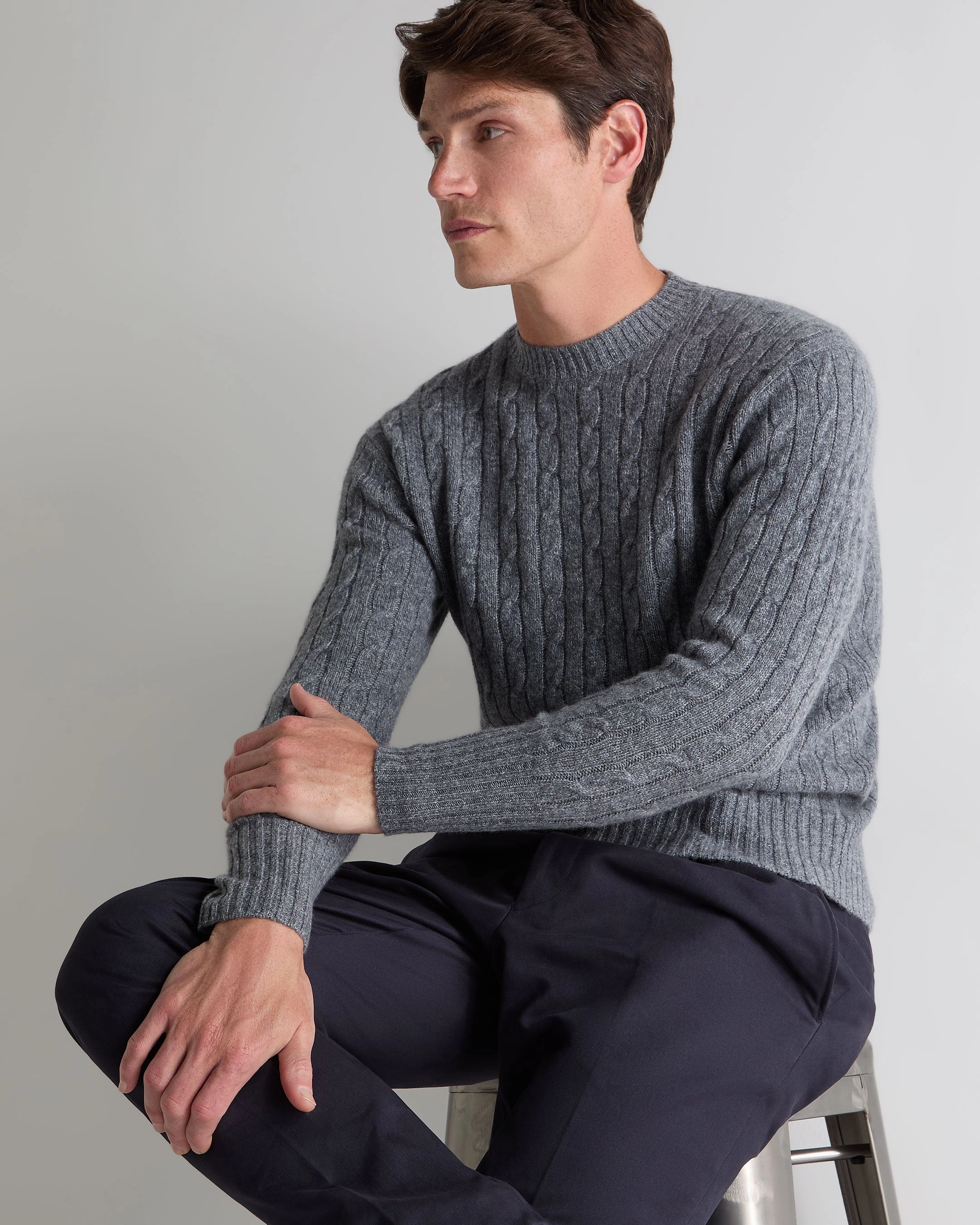 Men'S Thames Cable Round Neck Cashmere Jumper Grey Melange Trending Now Discount
