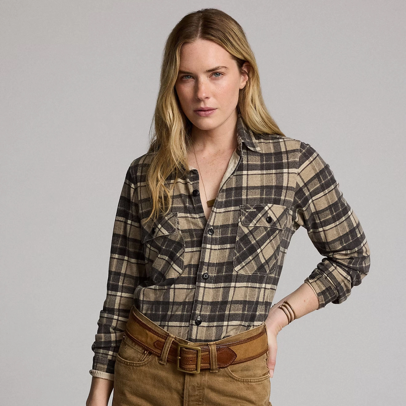 Rrl By Ralph Lauren Womens Plaid Linen-Cotton Jersey Workshirt Tan/Black Today Only Hot Sale