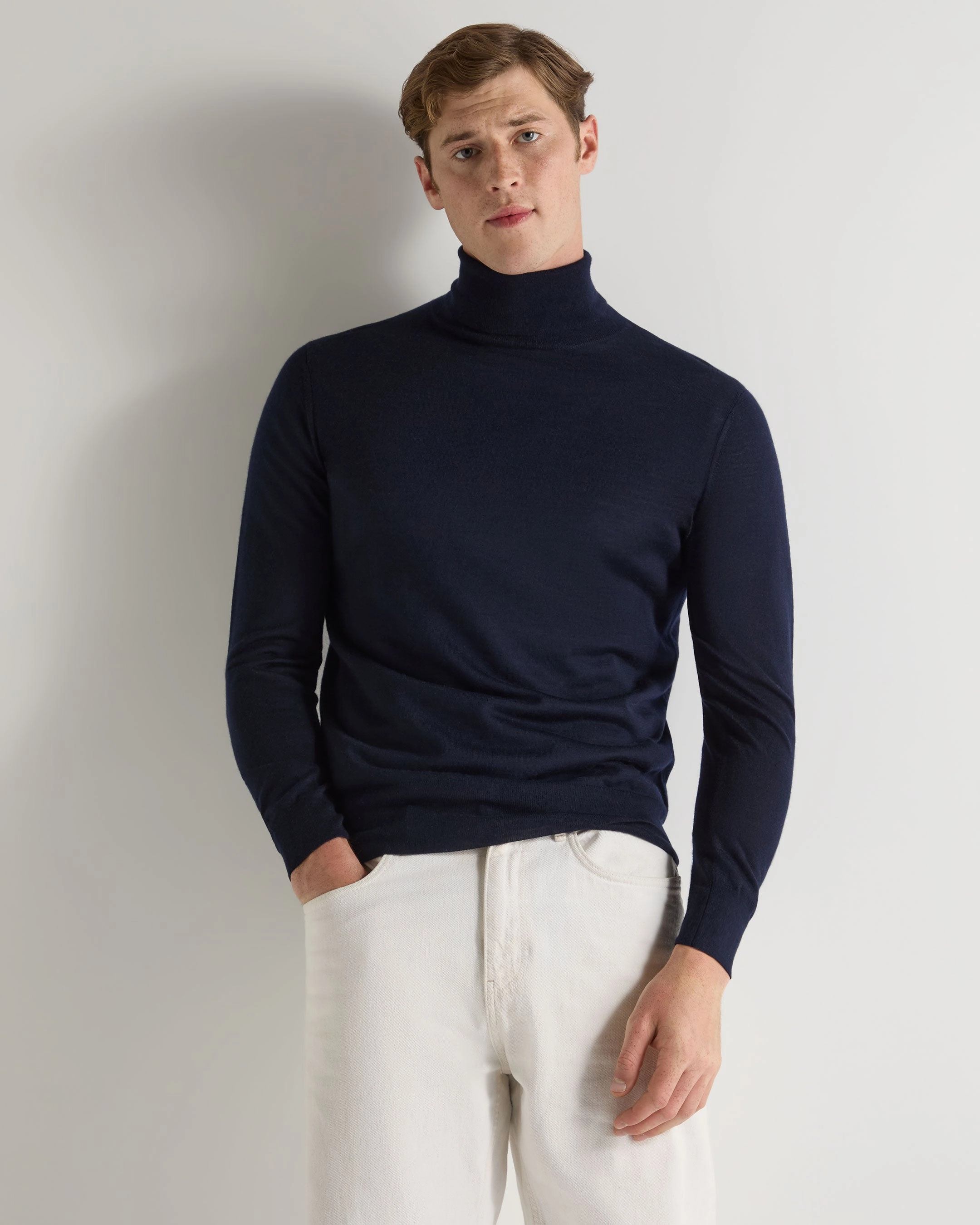 Men'S Pimlico Fine Gauge Cashmere Roll Neck Jumper Navy Blue Clearance Blowout