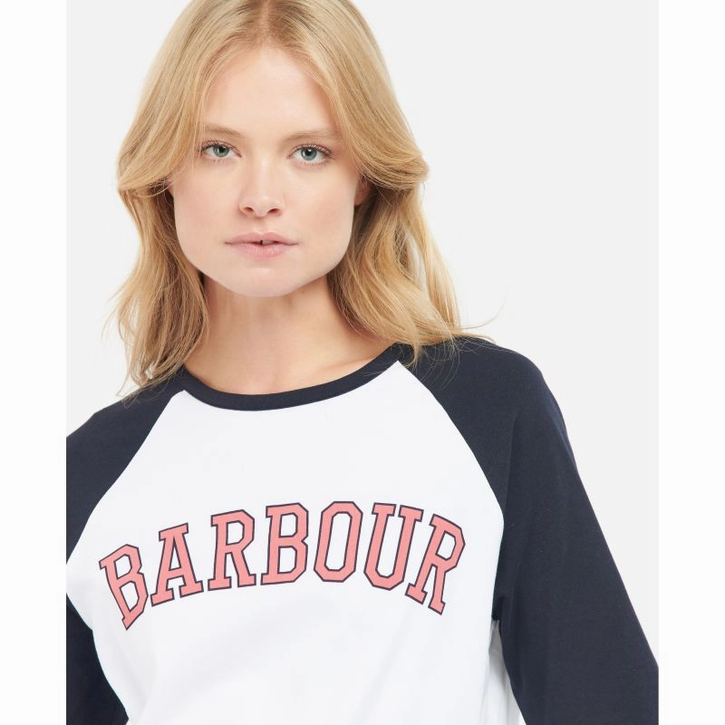 Barbour Northumberland Ladies Long Sleeve T-Shirt - Navy/Pink Punch Hot Offer Ending Soon