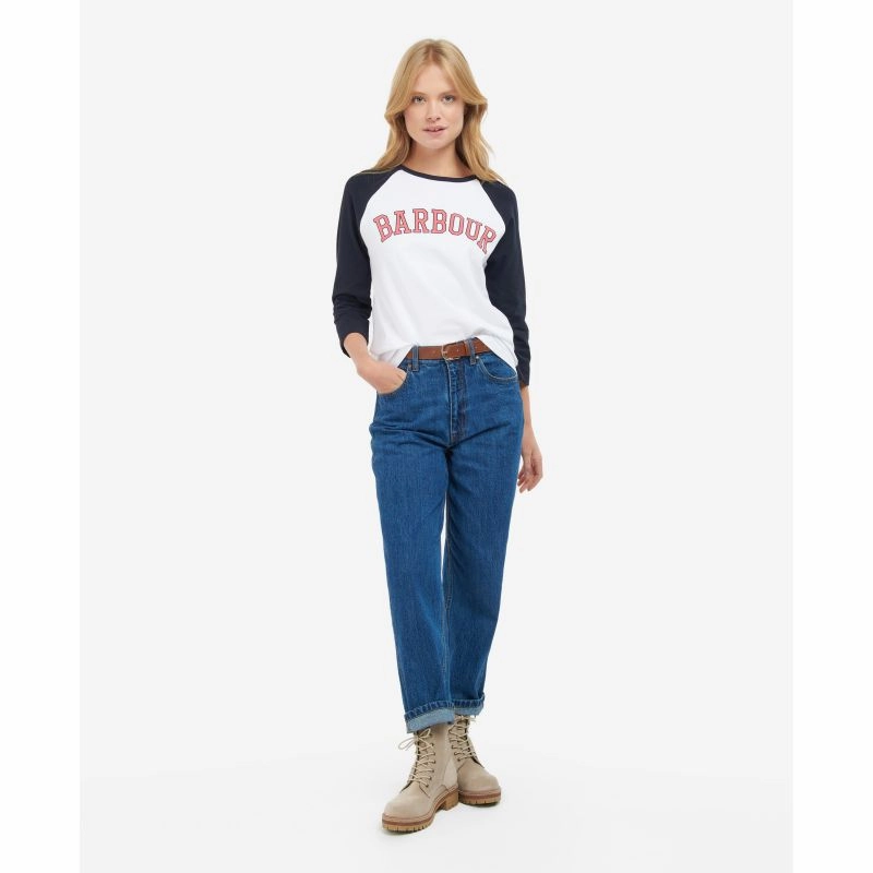 Unmissable Deal Today Big Savings Alert Barbour Northumberland Ladies Long Sleeve T-Shirt - Navy/Pink Punch