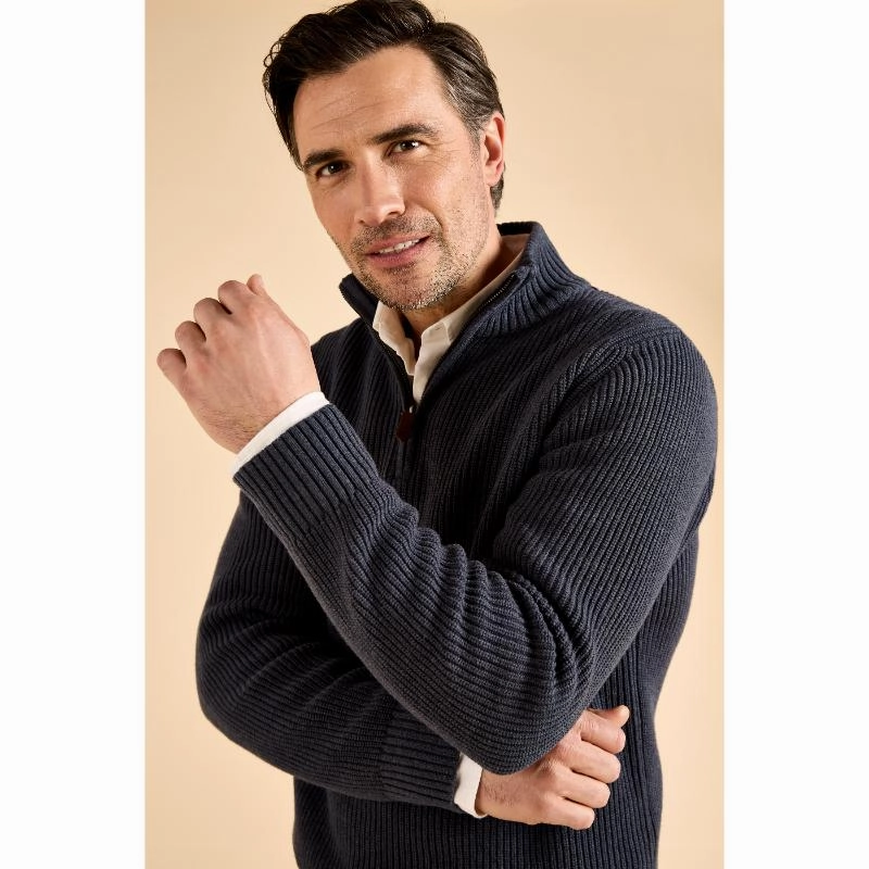 Dubarry Portmarnock Mens Cotton Merino 1/4 Zip Knitted Jumper - Denim Online Deal Frenzy Limited Stock Offer