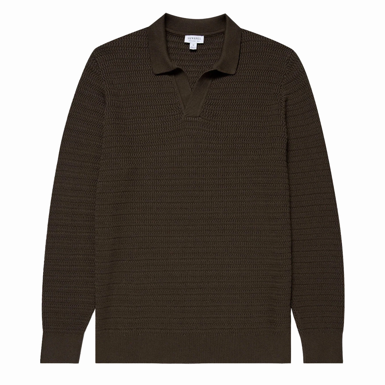 Sunspel Textured Cotton L/S Polo Knitwear Khaki Limited Time Sale