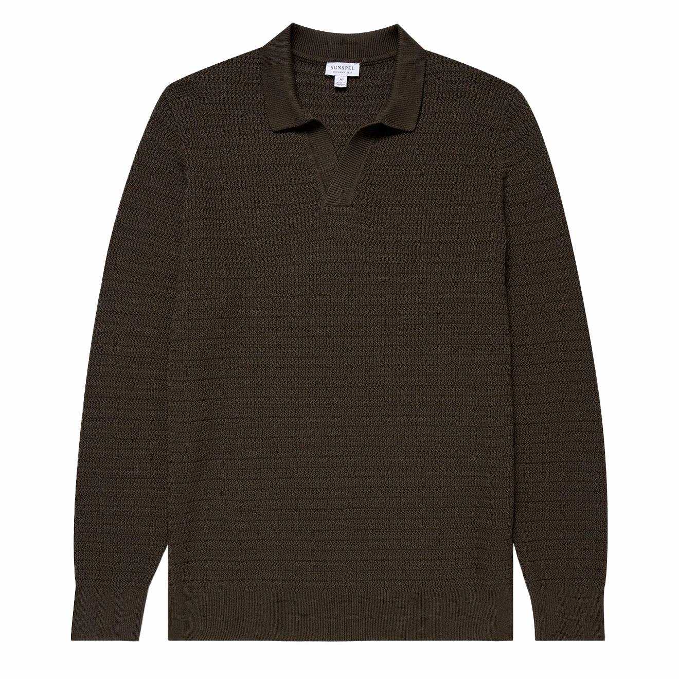 Sunspel Textured Cotton L/S Polo Knitwear Khaki Clearance Sale Now