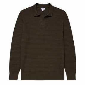 Sunspel Textured Cotton L/S Polo Knitwear Khaki Clearance Sale Now