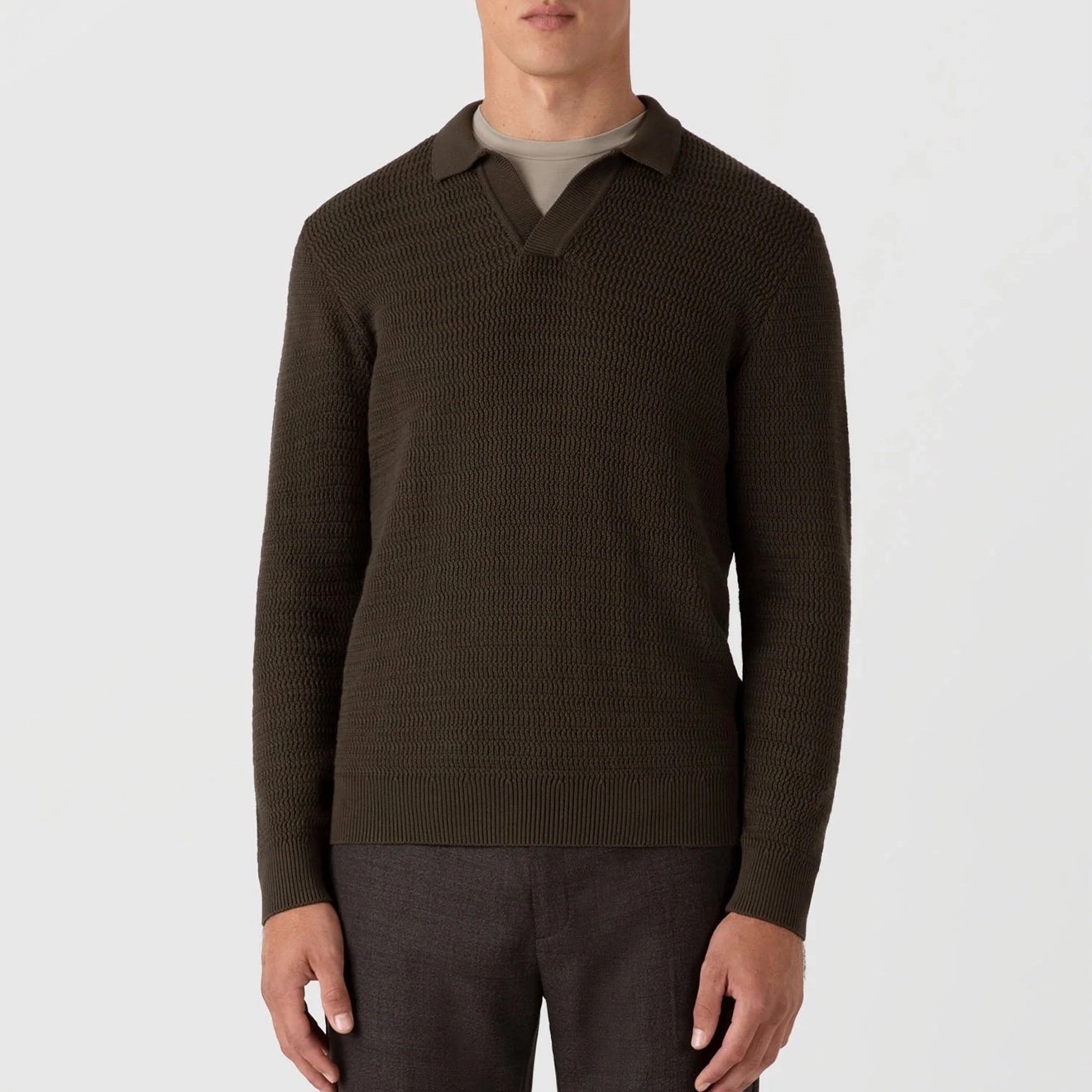 Sunspel Textured Cotton L/S Polo Knitwear Khaki Online Exclusive Deal Surprise Offer Now