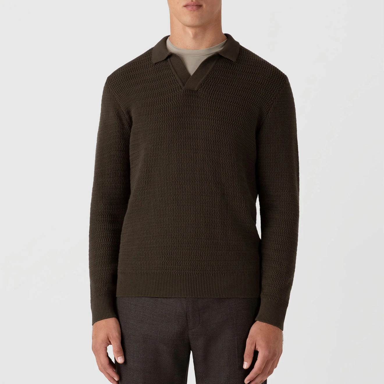 Sunspel Textured Cotton L/S Polo Knitwear Khaki Mega Savings Now
